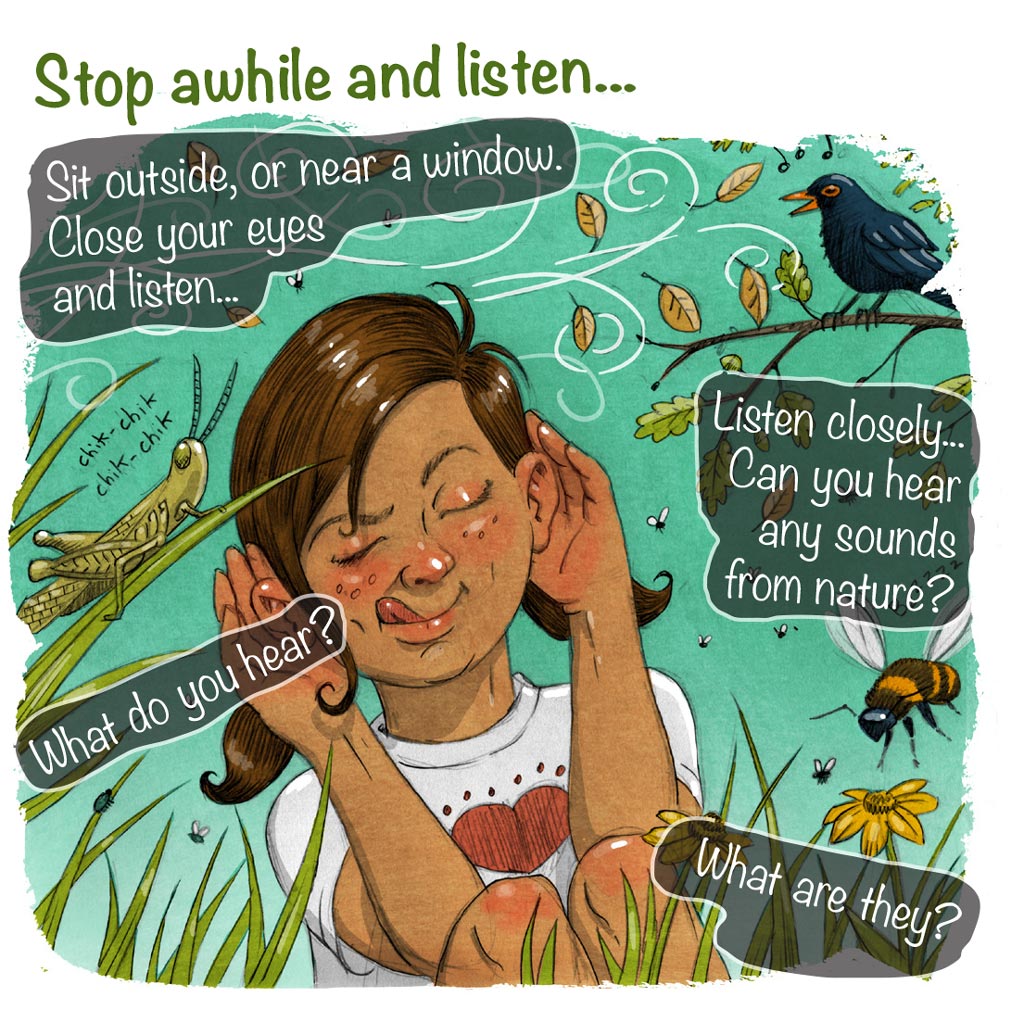 illustration of girl in nature listening to sounds of insects grasshopper bees flies blackbird and wind through leaves