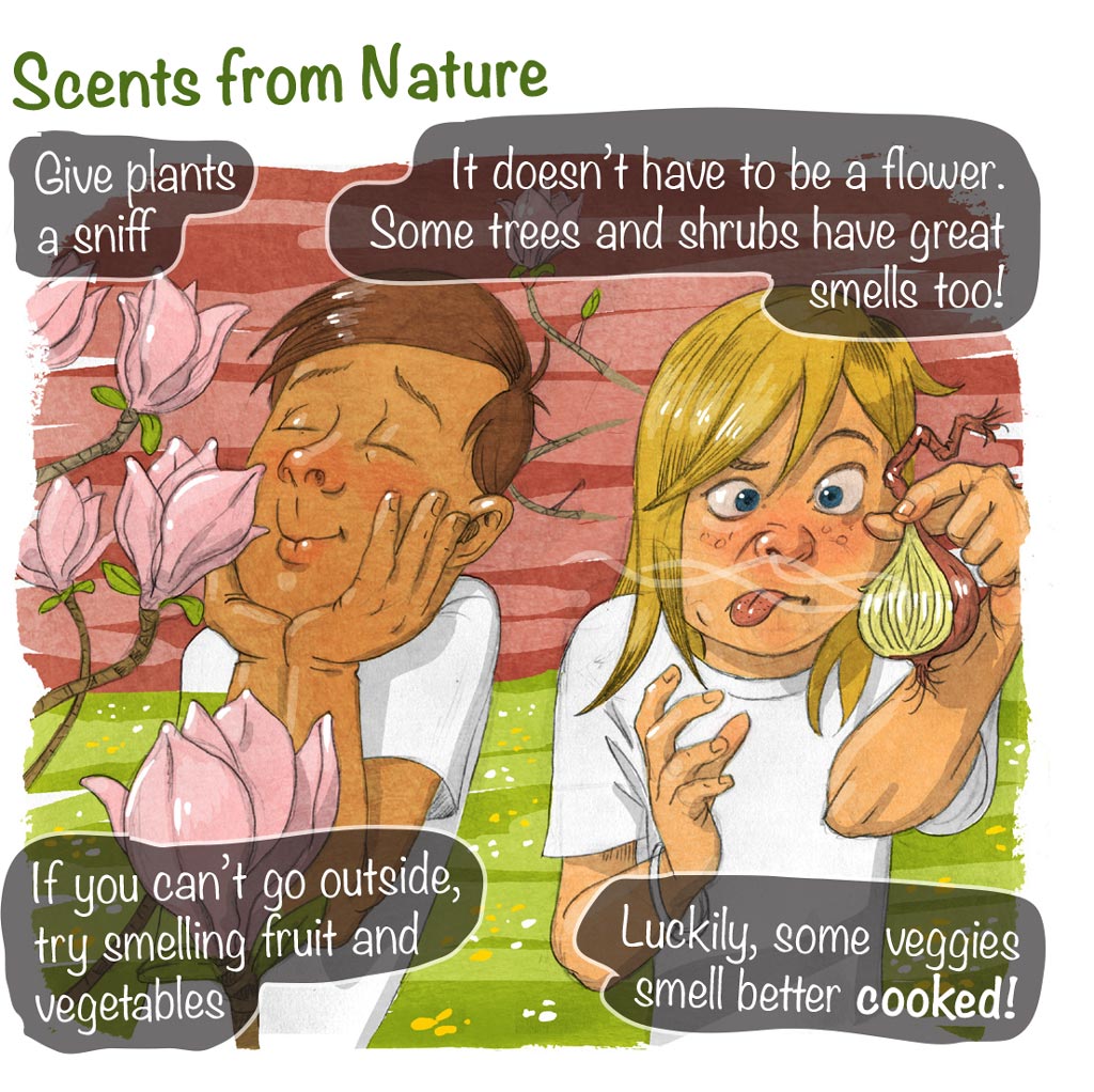 illustration of girl and boy in nature smelling the scents of plants trees flowers and vegetables