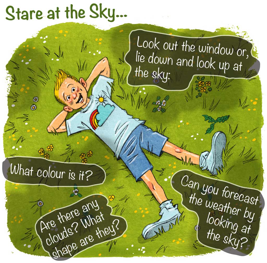 Illustration of smiling boy lying on grass looking at sky clouds