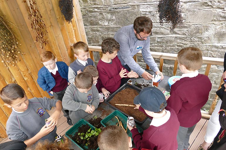 school kids doing a workshop in the children's garden