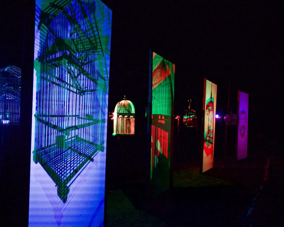 Series of screens lit up against a black background. The images are all blue and red and green and yellow and black and are of cages and glasshouse like structure.